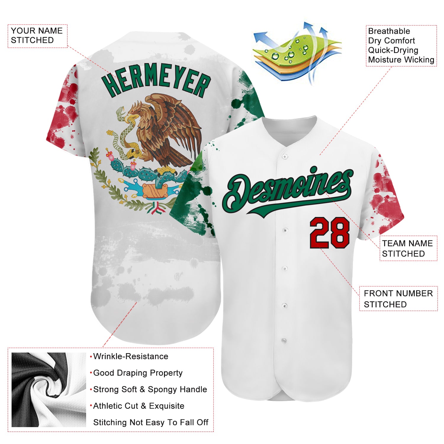 Custom Baseball Jersey White Red Kelly Green-Black 3D Mexican Flag Grunge Design Authentic Men's Size:L