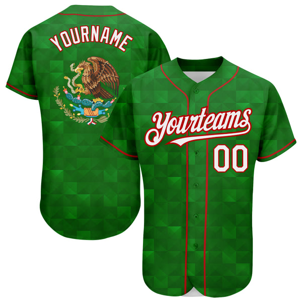 Custom Baseball Jersey Kelly Green Red-White 3D Mexico Authentic Men's Size:L