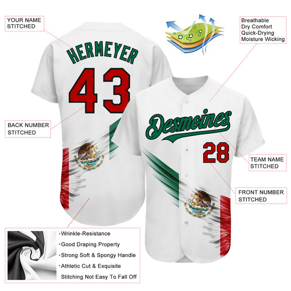 Custom Baseball Jersey Kelly Green Red-White 3D Mexican Flag Watercolored Splashes Grunge Design Authentic Women's Size:S