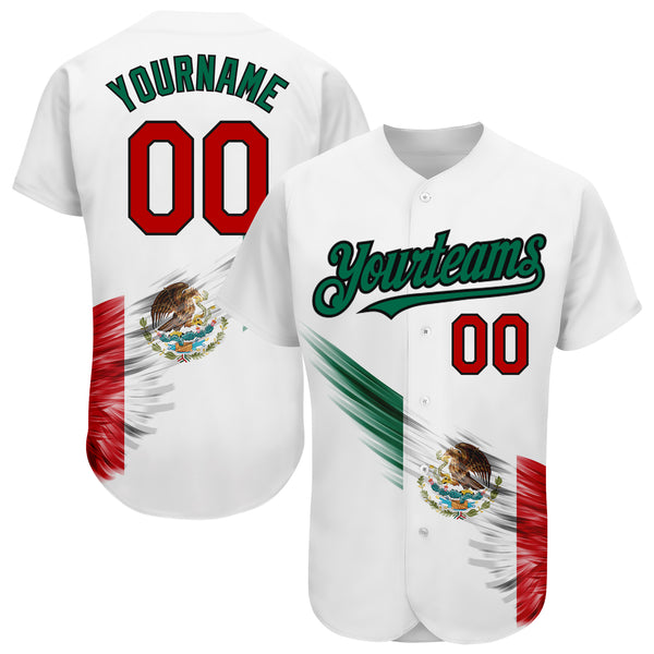 Custom Baseball Jersey Kelly Green Red-White 3D Mexican Flag Watercolored Splashes Grunge Design Authentic Women's Size:S