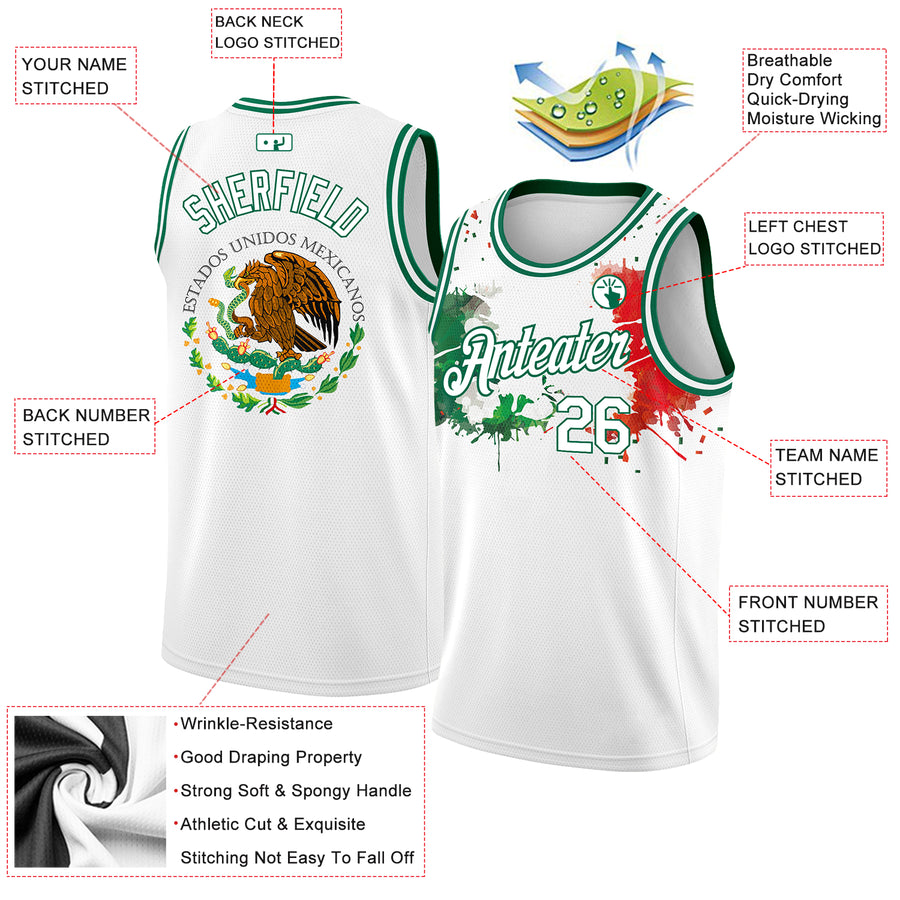 Custom White Kelly Green-Red 3D Mexican Flag Splashes Authentic Basketball Jersey