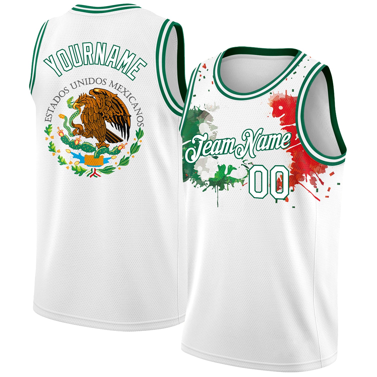 FANSIDEA Custom Basketball Jersey Kelly Green-Red-White 3D Mexico Authentic Men's Size:M