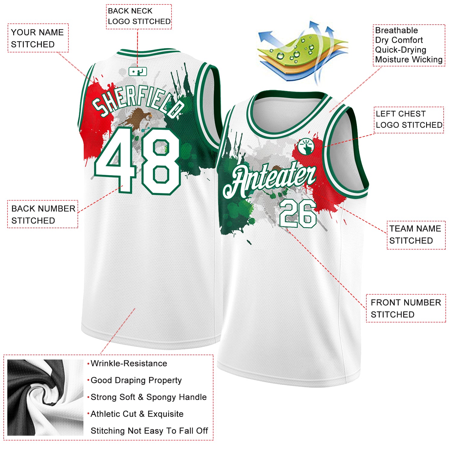 FANSIDEA Custom Basketball Jersey White Grass Green Round Neck Sublimation Basketball Suit Jersey Men's Size:XL