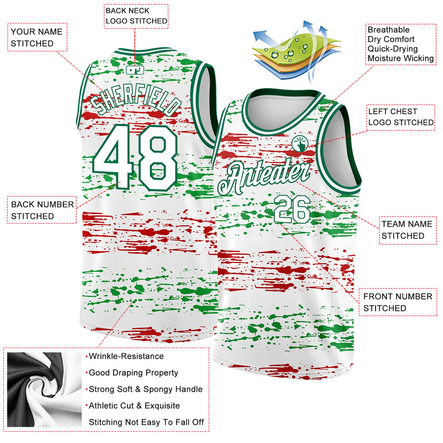 Custom White Kelly Green-Red 3D Mexico Authentic Basketball Jersey