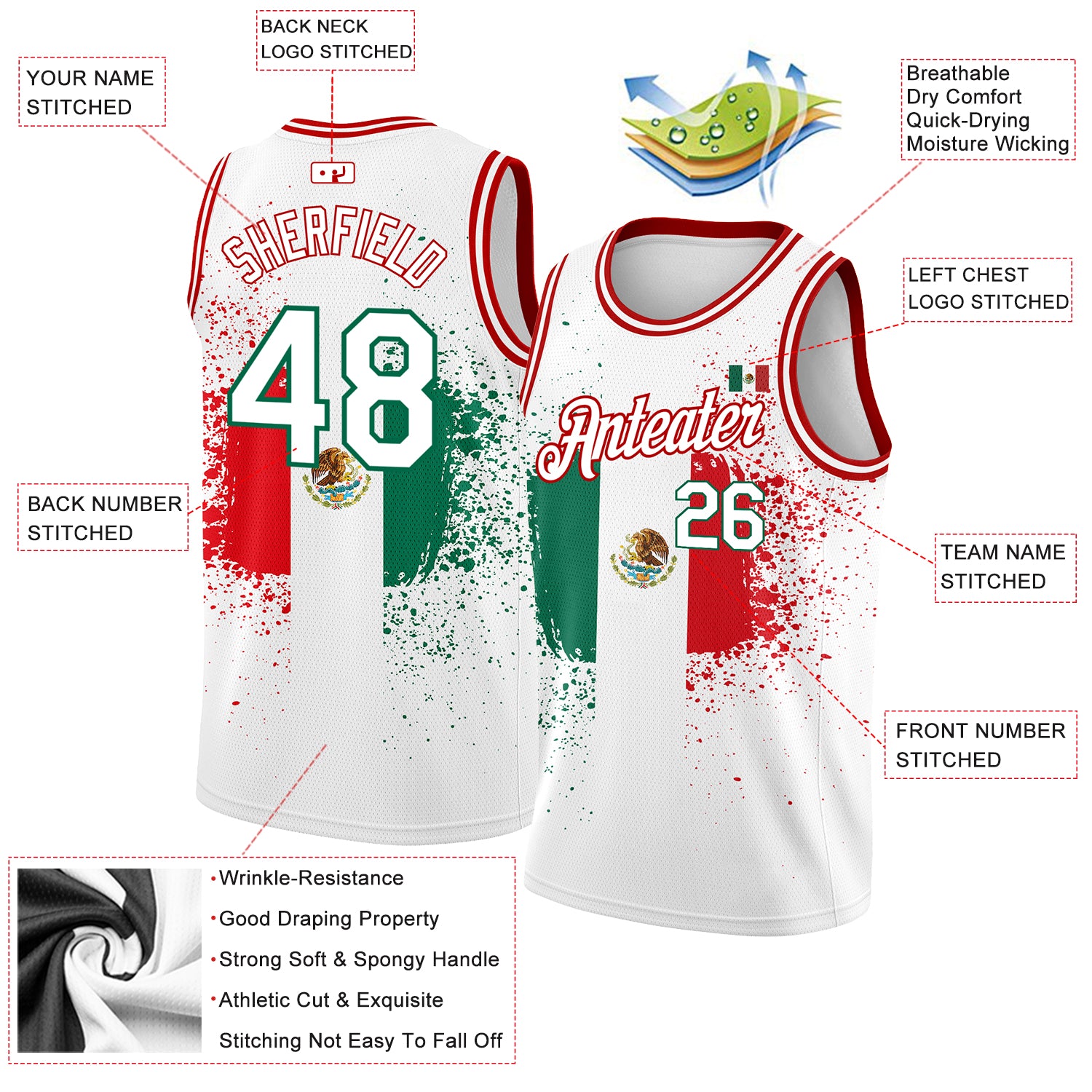 Custom Kelly Green Basketball Jersey Red-White 3D Mexico Watercolored  Splashes Grunge Design Authentic - FansIdea