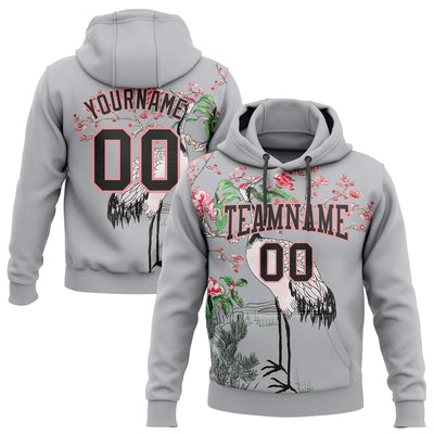 Custom Stitched Gray Black-Medium Pink 3D Pattern Design Heron And Flower Sports Pullover Sweatshirt Hoodie