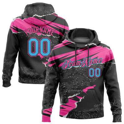 Custom Stitched Black Sky Blue-Pink 3D Pattern Design Torn Paper Style Sports Pullover Sweatshirt Hoodie