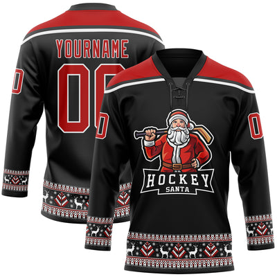 Custom Black Red-White Christmas Santa Claus 3D Hockey Lace Neck Jersey