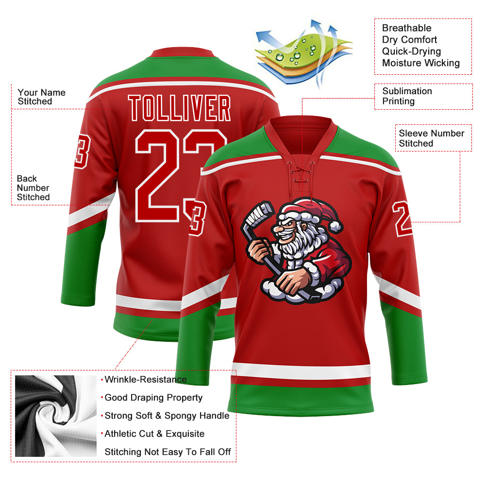 Custom Red Grass Green-White Christmas Santa Claus 3D Hockey Lace Neck Jersey