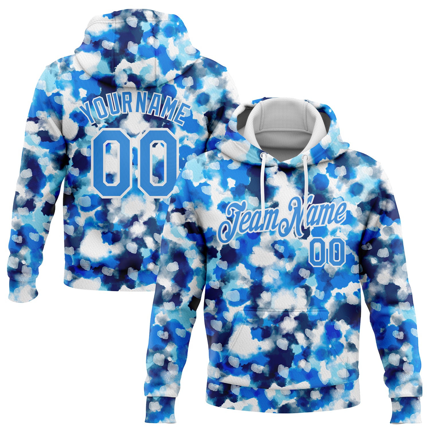 Custom Stitched Tie Dye Electric Blue-White 3D Abstract Watercolor Sports Pullover Sweatshirt Hoodie