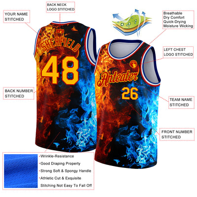 Custom Red Gold-Royal 3D Pattern Design Flame Authentic Basketball Jersey