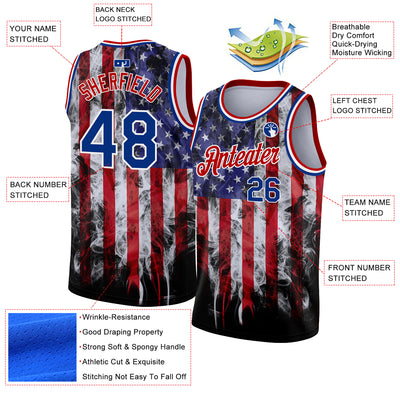 Custom White Royal-Red 3D American Flag Fashion Authentic Basketball Jersey