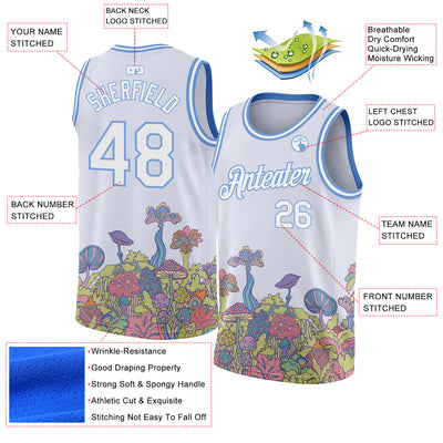 Custom White Light Blue 3D Pattern Design Colorful Flowers And Mushrooms Psychedelic Hallucination Authentic Basketball Jersey