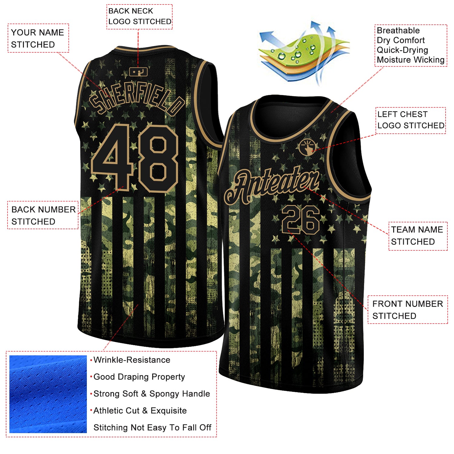 Custom Camo Black-Old Gold 3D American Flag Fashion Authentic Salute To Service Basketball Jersey