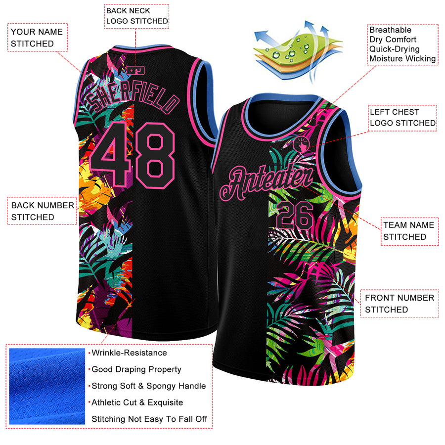 Custom Black Pink-Light Blue 3D PatternTropical Hawaii Palm Leaves Authentic Basketball Jersey