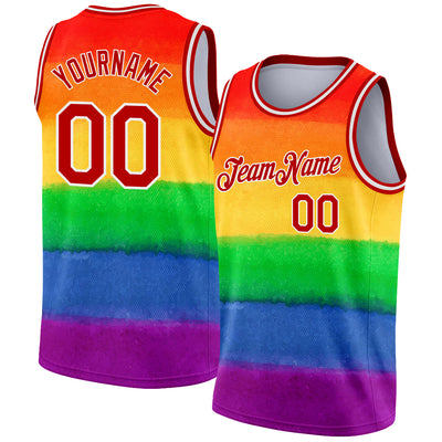 Custom Red White 3D Pattern Design Rainbow For Pride Month Love Is Love LGBT Authentic Basketball Jersey