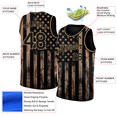 Custom Camo Black-Old Gold 3D American Flag Fashion Authentic Salute To Service Basketball Jersey