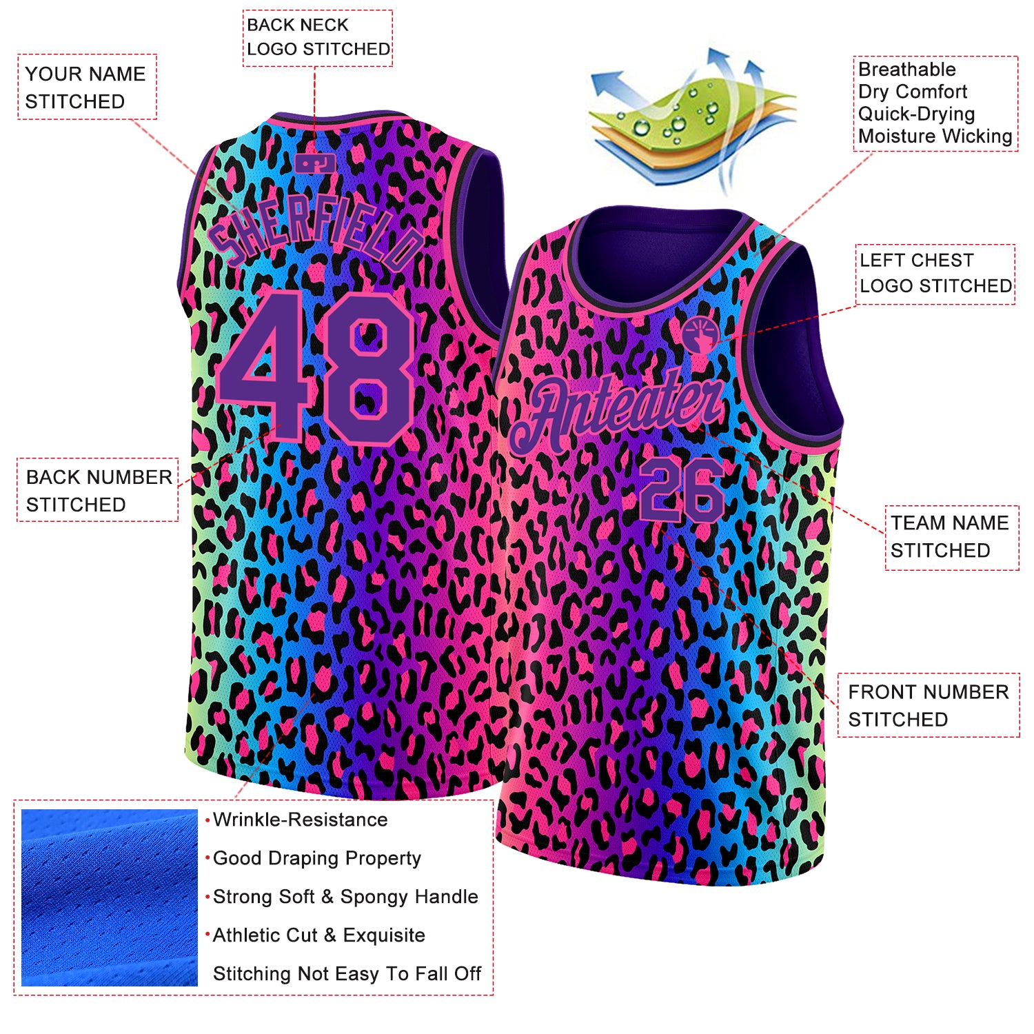 Custom Purple Pink-Black 3D Pattern Design Leopard Print Authentic Basketball Jersey