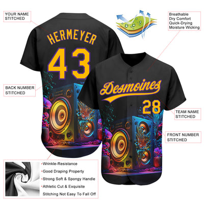 Custom Black Gold-Purple 3D Pattern Design Music Festival Vintage Speaker Music Sound System Authentic Baseball Jersey