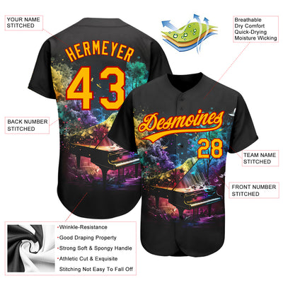 Custom Black Gold-Red 3D Pattern Design Music Festival Piano With Colorful Smoke Authentic Baseball Jersey