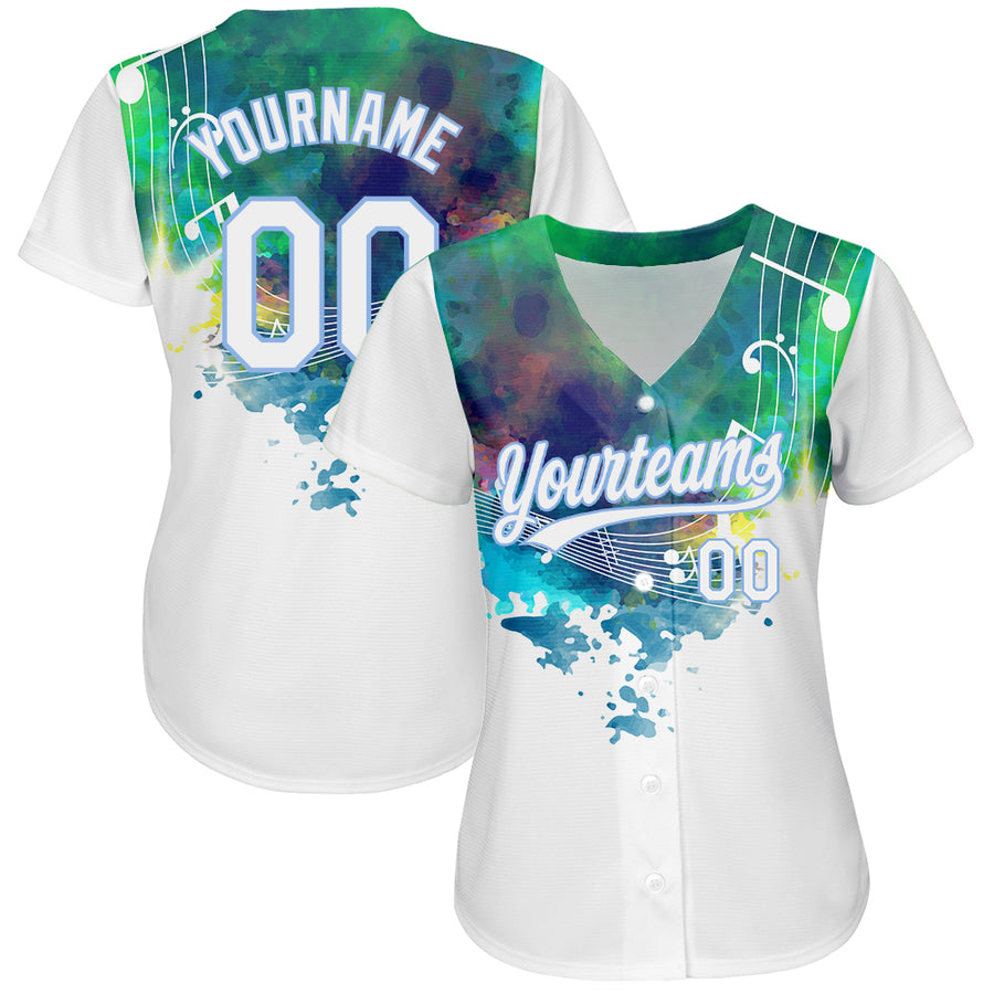 Custom White Light Blue 3D Pattern Design Music Festival Abstract Colorful Music Grunge Style Authentic Baseball Jersey