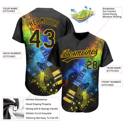 Custom Black Gold 3D Pattern Design Music Festival Guitar With Psychedelic Colors Authentic Baseball Jersey