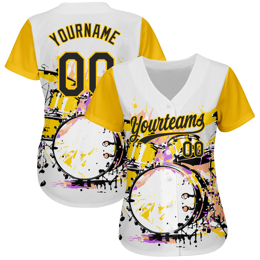 Custom White Black-Yellow 3D Pattern Design Music Festival Abstract Drum Set In Splash Authentic Baseball Jersey