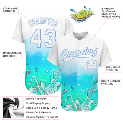 Custom White Light Blue 3D Pattern Design Music Festival Musical Instruments Authentic Baseball Jersey