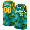 Custom Teal Gold-White 3D Pattern Tropical Hawaii Leaves Authentic Basketball Jersey