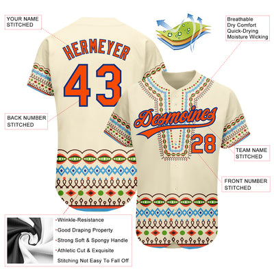 Custom Cream Orange-Royal 3D Pattern Design Traditional African Ethnic Style Authentic Baseball Jersey