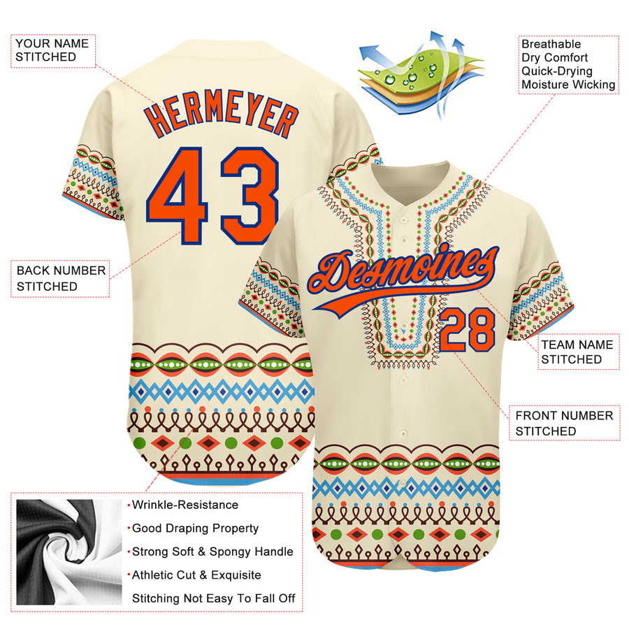 Custom Cream Orange-Royal 3D Pattern Design Traditional African Ethnic Style Authentic Baseball Jersey