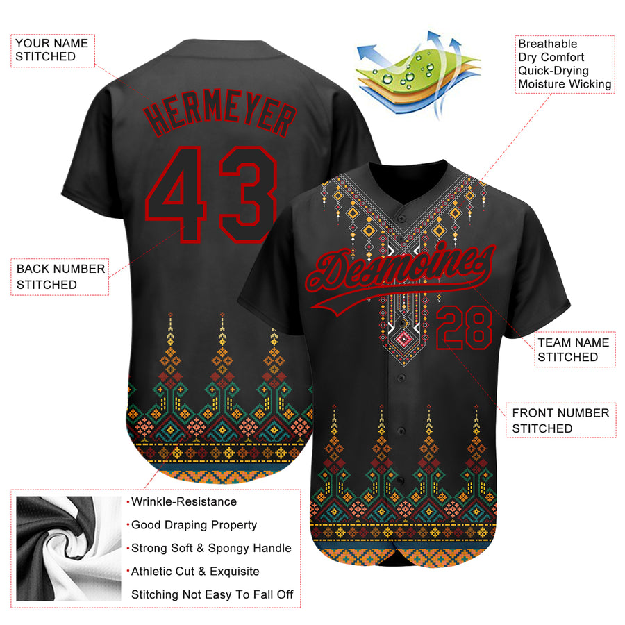 Custom Black Red 3D Pattern Design Traditional African Ethnic Style Authentic Baseball Jersey