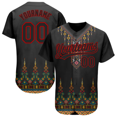 Custom Black Red 3D Pattern Design Traditional African Ethnic Style Authentic Baseball Jersey