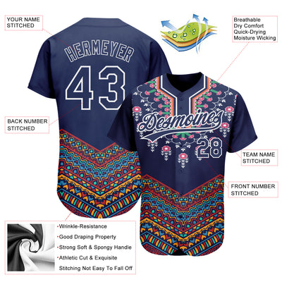 Custom Navy White 3D Pattern Design Vintage Floral African Ethnic Style Authentic Baseball Jersey