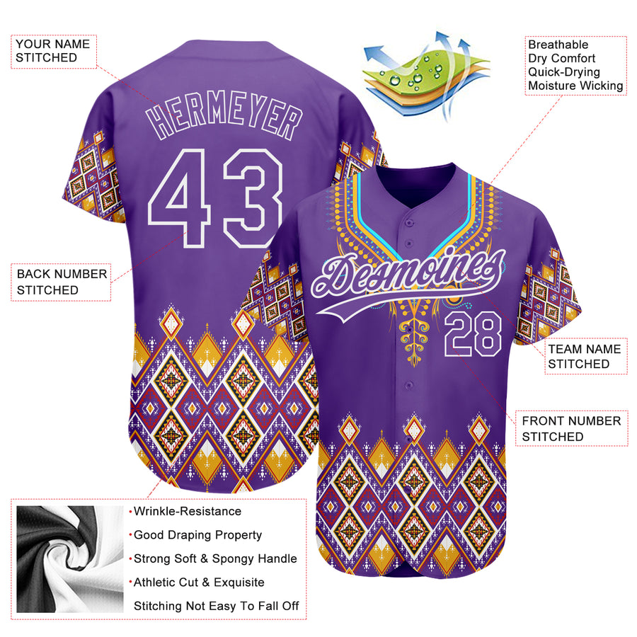 Custom Purple White 3D Pattern Design Traditional African Ethnic Style Authentic Baseball Jersey