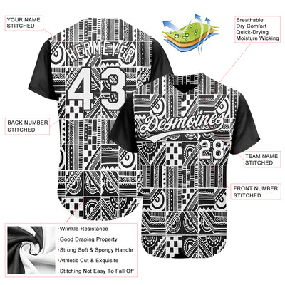 Custom Black White 3D Pattern Design Geometric Monochrome Mosaic Style Authentic Baseball Jersey