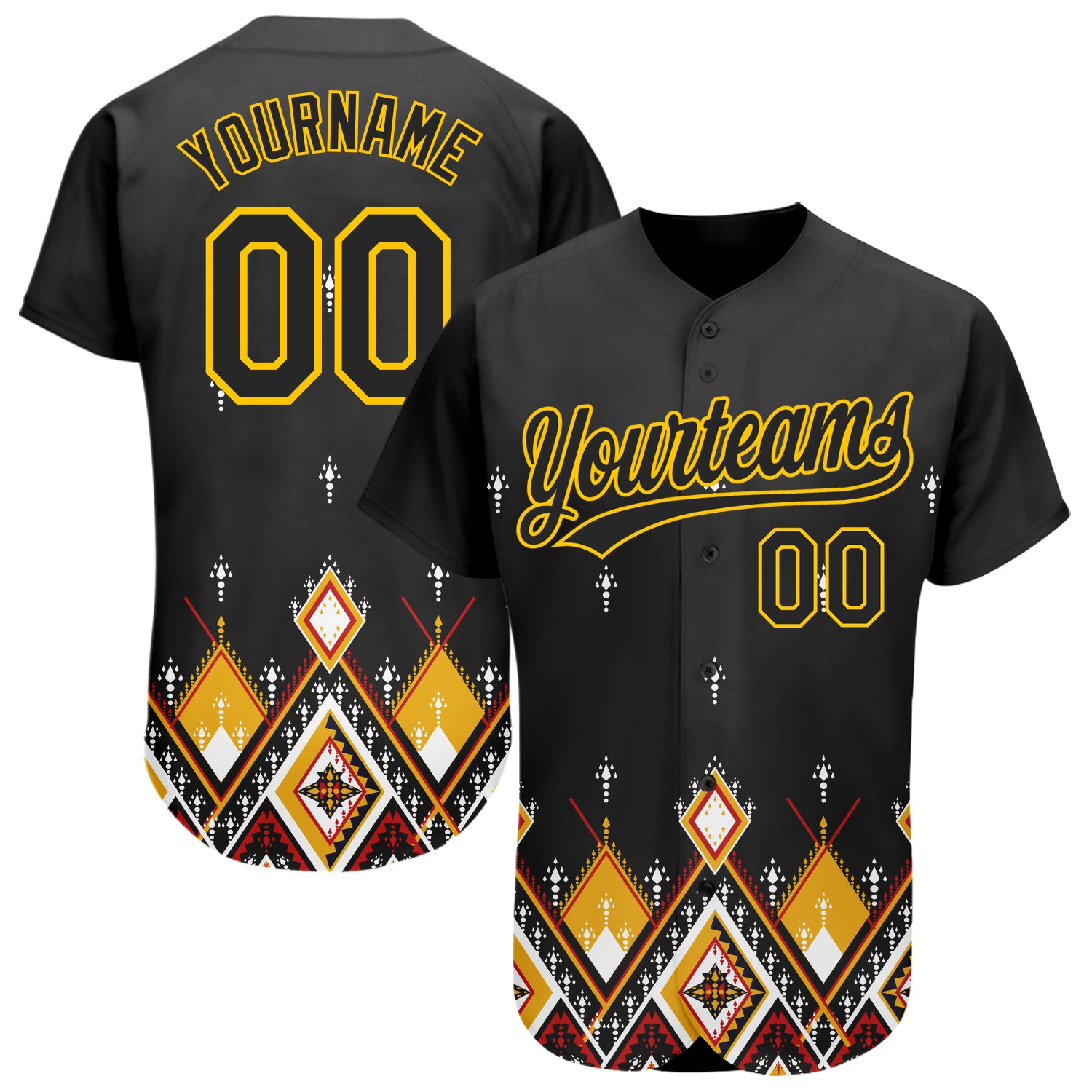 Custom Black Yellow 3D Pattern Design Geometric African Ethnic Style Authentic Baseball Jersey