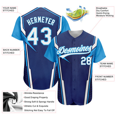 Custom Navy White-Sky Blue 3D Pattern Design Abstract Sport Authentic Baseball Jersey