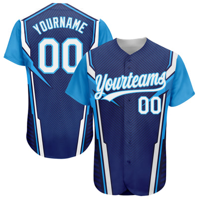 Custom Navy White-Sky Blue 3D Pattern Design Abstract Sport Authentic Baseball Jersey