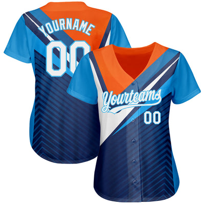 Custom Navy White Orange-Sky Blue 3D Pattern Design Abstract Sport Authentic Baseball Jersey