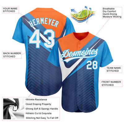 Custom Navy White Orange-Sky Blue 3D Pattern Design Abstract Sport Authentic Baseball Jersey