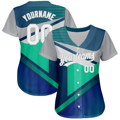 Custom Navy White Gray-Aqua 3D Pattern Design Abstract Sport Authentic Baseball Jersey