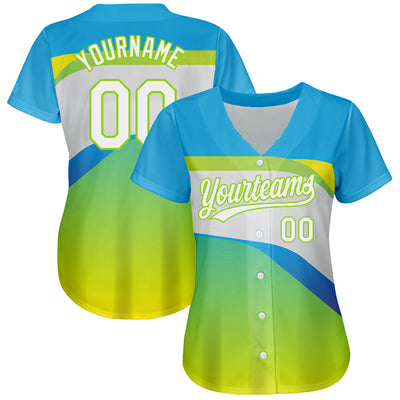 Custom Neon Green White-Sky Blue 3D Pattern Design Abstract Sport Authentic Baseball Jersey