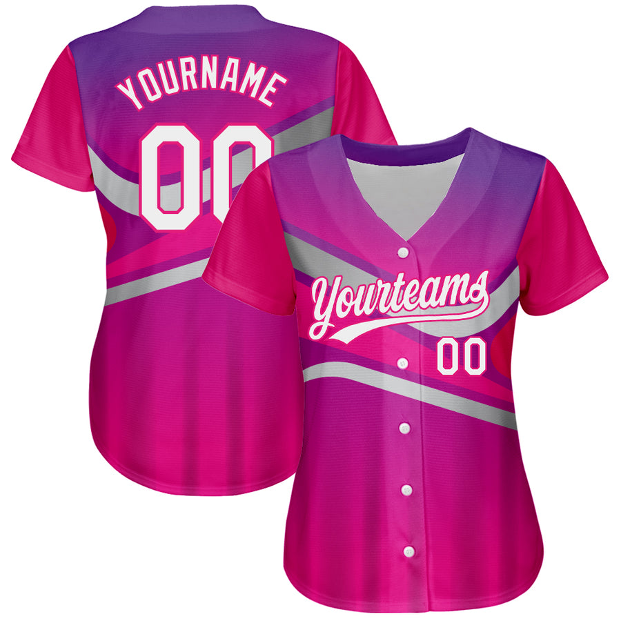 Custom Purple White-Hot Pink 3D Pattern Design Abstract Sport Authentic Baseball Jersey