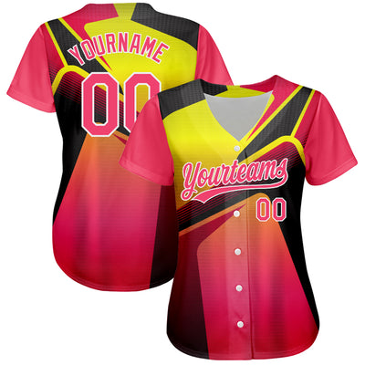 Custom Neon Pink Neon Yellow-White 3D Pattern Design Abstract Sport Authentic Baseball Jersey