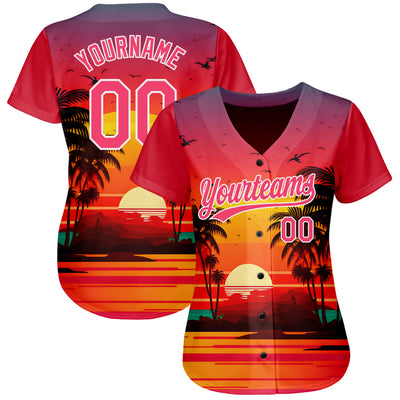 Custom Neon Pink White 3D Pattern Design Hawaii Palm Trees And Beach Sunrise Authentic Baseball Jersey