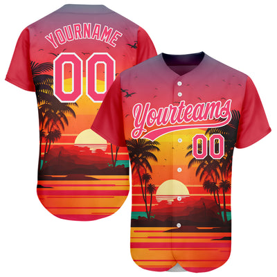 Custom Neon Pink White 3D Pattern Design Hawaii Palm Trees And Beach Sunrise Authentic Baseball Jersey