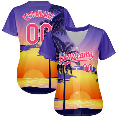 Custom Purple Neon Pink-White 3D Pattern Design Hawaii Palm Trees And Beach Sunrise Authentic Baseball Jersey