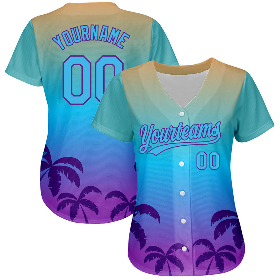 Custom Sky Blue Purple 3D Pattern Design Hawaii Palm Trees Authentic Baseball Jersey