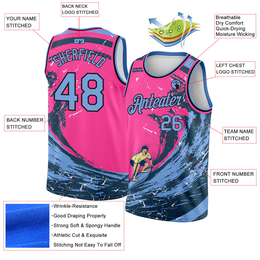 Custom Pink Light Blue-Black 3D Pattern Summer Beach Surfing Authentic Basketball Jersey